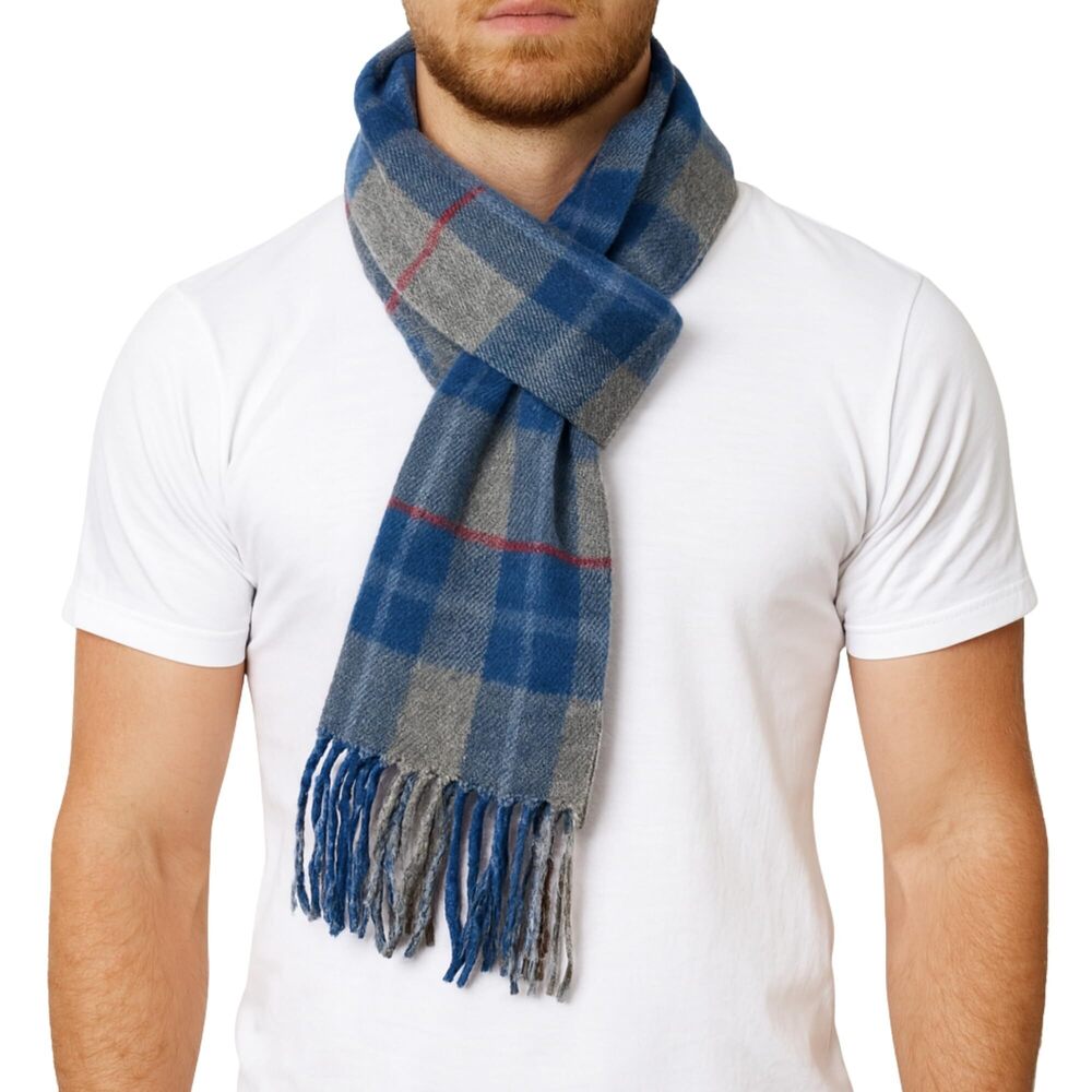 3934 Plaid Scarf Softer Than Cashmere Scarves Winter Shawl Blue Gray Plaid